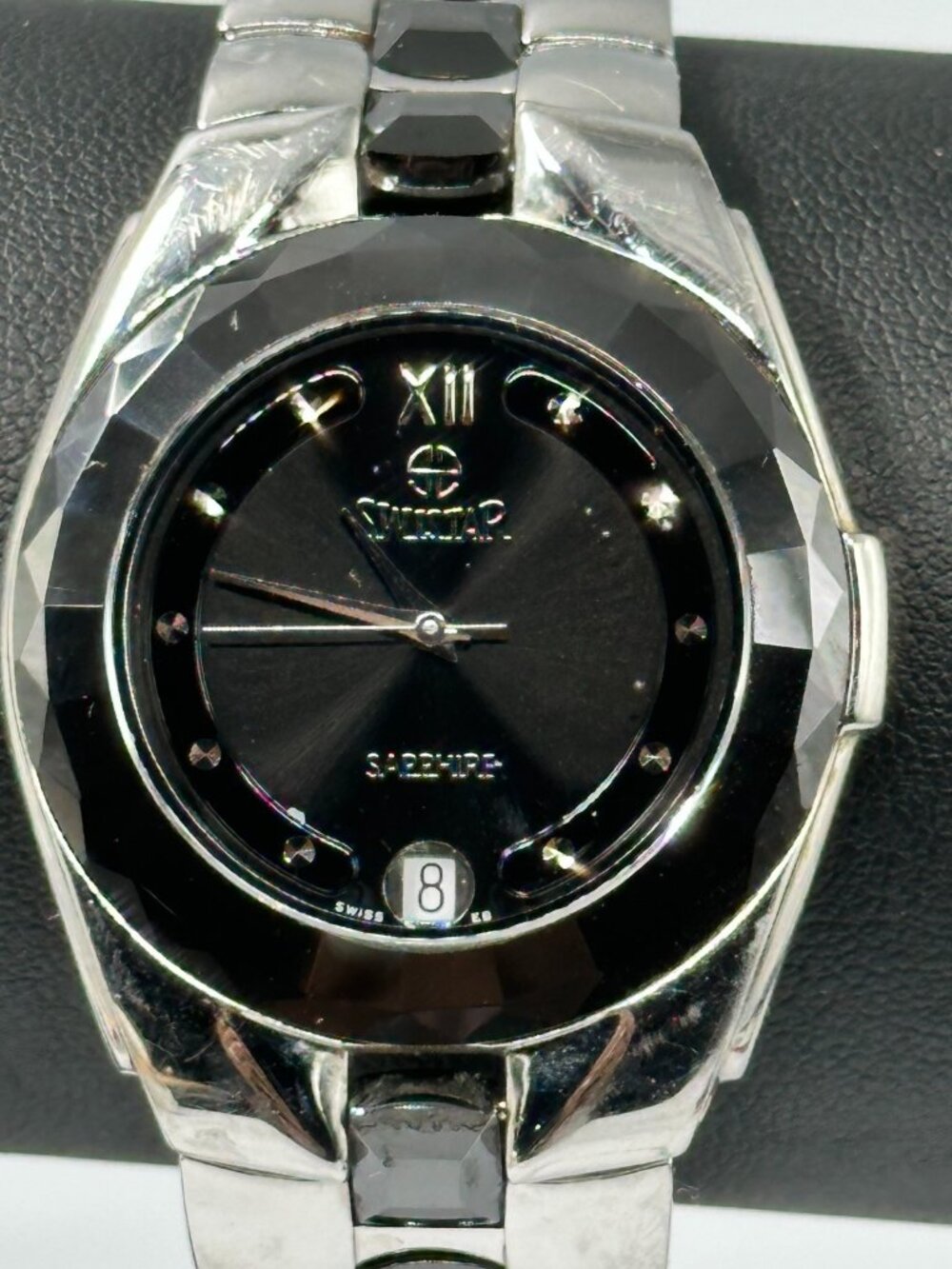 Swistar Sappire Men Watch 35mm Black Dial Date Faceted Bezel New Battery 8.5"